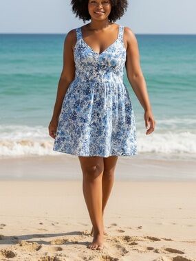 Abercrombie & Fitch Sundress Size XL Blue Floral Summer Mini Elastic Back Flare